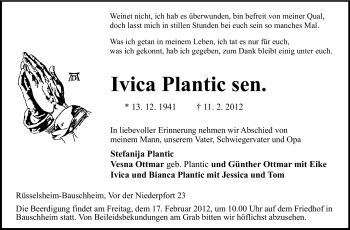Traueranzeige von Ivica Plantic von Rüsselsheimer Echo, Groß-Gerauer-Echo, Ried Echo