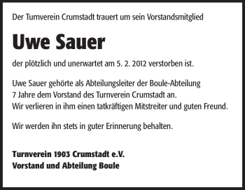 Traueranzeige von Uwe Peter Sauer von Rüsselsheimer Echo, Groß-Gerauer-Echo, Ried Echo