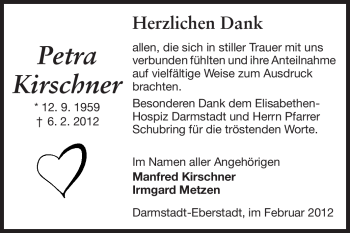 Traueranzeige von Petra Kirschner von Darmstädter Echo, Odenwälder Echo, Rüsselsheimer Echo, Groß-Gerauer-Echo, Ried Echo