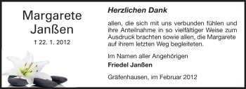 Traueranzeige von Margarete Janßen von Echo-Zeitungen (Gesamtausgabe)