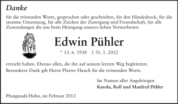 Traueranzeige von Edwin Pühler von Echo-Zeitungen (Gesamtausgabe)