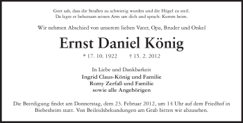 Traueranzeige von Ernst Daniel König von Rüsselsheimer Echo, Groß-Gerauer-Echo, Ried Echo