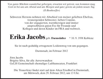 Traueranzeige von Erika Jacobs von Darmstädter Echo, Odenwälder Echo, Rüsselsheimer Echo, Groß-Gerauer-Echo, Ried Echo