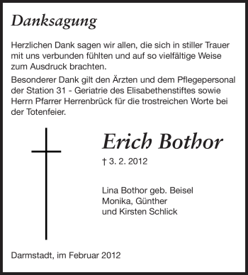 Traueranzeige von Erich Bothor von Darmstädter Echo, Odenwälder Echo, Rüsselsheimer Echo, Groß-Gerauer-Echo, Ried Echo
