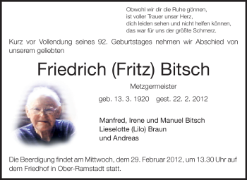 Traueranzeige von Friedrich Bitsch von Darmstädter Echo, Odenwälder Echo, Rüsselsheimer Echo, Groß-Gerauer-Echo, Ried Echo