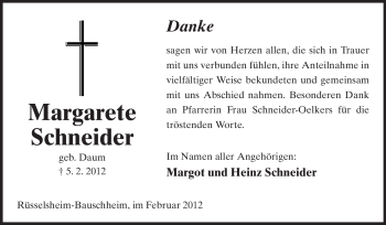 Traueranzeige von Margarete Schneider von Rüsselsheimer Echo, Groß-Gerauer-Echo, Ried Echo