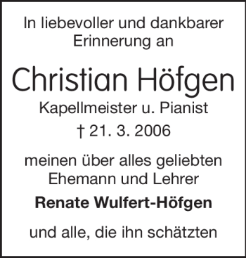 Traueranzeige von Christian Höfgen von Echo-Zeitungen (Gesamtausgabe)