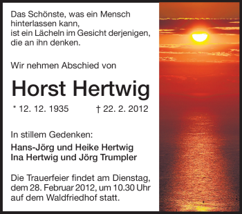 Traueranzeige von Horst Hertwig von Echo-Zeitungen (Gesamtausgabe)