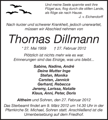 Traueranzeige von Thomas Dillmann von Echo-Zeitungen (Gesamtausgabe)