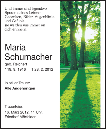 Traueranzeige von Maria Schumacher von Rüsselsheimer Echo, Groß-Gerauer-Echo, Ried Echo
