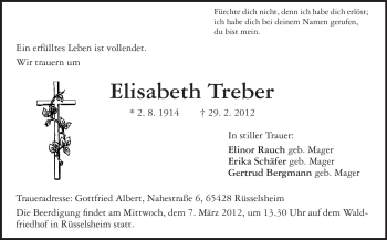 Traueranzeige von Elisabeth Treber von Rüsselsheimer Echo, Groß-Gerauer-Echo, Ried Echo