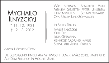 Traueranzeige von Mychailo Ilnyzckyj von Odenwälder Echo Traueranzeige von Mychailo Ilnyzckyj von Odenwälder Echo