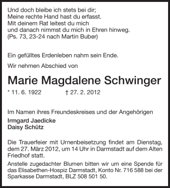 Traueranzeige von Marie Magdalene Schwinger von Darmstädter Echo, Odenwälder Echo, Rüsselsheimer Echo, Groß-Gerauer-Echo, Ried Echo