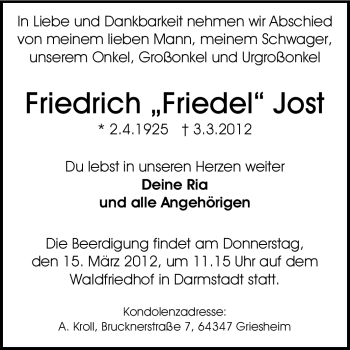 Traueranzeige von Friedrich Jost von Echo-Zeitungen (Gesamtausgabe)