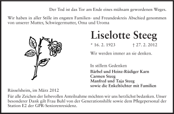Traueranzeige von Liselotte Steeg von Rüsselsheimer Echo, Groß-Gerauer-Echo, Ried Echo