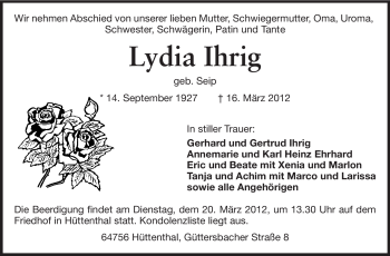 Traueranzeige von Lydia Ihrig von Odenwälder Echo