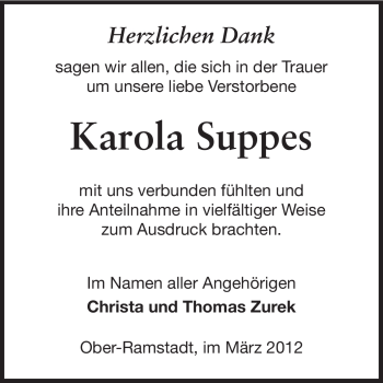 Traueranzeige von Karola Suppes von Darmstädter Echo, Odenwälder Echo, Rüsselsheimer Echo, Groß-Gerauer-Echo, Ried Echo