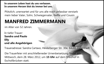 Traueranzeige von Manfred Zimmermann von Echo-Zeitungen (Gesamtausgabe)