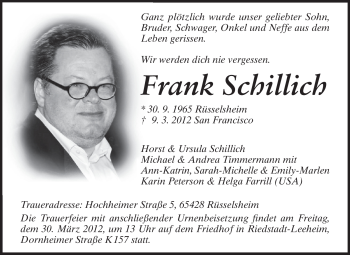 Traueranzeige von Frank Schillich von Rüsselsheimer Echo, Groß-Gerauer-Echo, Ried Echo
