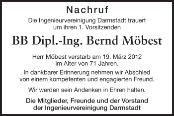 Traueranzeige von Bernd Möbest von Darmstädter Echo, Odenwälder Echo, Rüsselsheimer Echo, Groß-Gerauer-Echo, Ried Echo