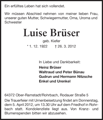 Traueranzeige von Luise Brüser von Darmstädter Echo, Odenwälder Echo, Rüsselsheimer Echo, Groß-Gerauer-Echo, Ried Echo