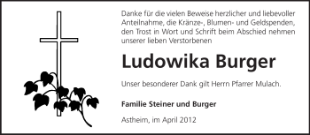 Traueranzeige von Ludowika Burger von Rüsselsheimer Echo, Groß-Gerauer-Echo, Ried Echo