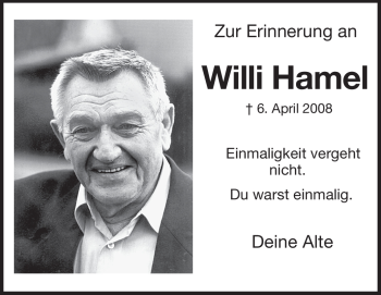 Traueranzeige von Willi Hamel von Darmstädter Echo, Odenwälder Echo, Rüsselsheimer Echo, Groß-Gerauer-Echo, Ried Echo