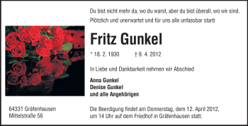 Traueranzeige von Fritz Gunkel von Echo-Zeitungen (Gesamtausgabe)
