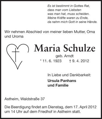 Traueranzeige von Maria Schulze von Rüsselsheimer Echo, Groß-Gerauer-Echo, Ried Echo