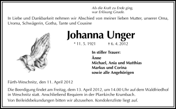 Traueranzeige von Johanna Unger von Starkenburger Echo