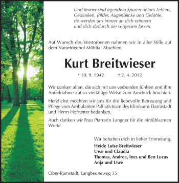 Traueranzeige von Kurt Breitwieser von Darmstädter Echo, Odenwälder Echo, Rüsselsheimer Echo, Groß-Gerauer-Echo, Ried Echo