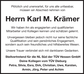 Traueranzeige von Karl Krämer von Echo-Zeitungen (Gesamtausgabe)