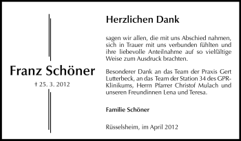 Traueranzeige von Franz Schöner von Rüsselsheimer Echo, Groß-Gerauer-Echo, Ried Echo