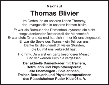 Traueranzeige von Thomas Blivier von Rüsselsheimer Echo, Groß-Gerauer-Echo, Ried Echo