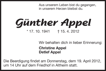 Traueranzeige von Günther Appel von Echo-Zeitungen (Gesamtausgabe)