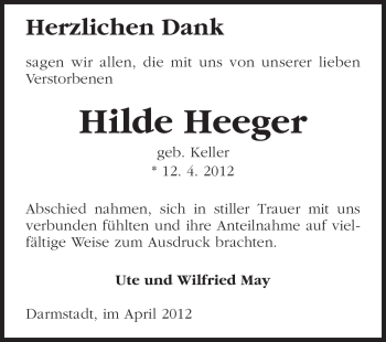 Traueranzeige von Hilde Heeger von Darmstädter Echo, Odenwälder Echo, Rüsselsheimer Echo, Groß-Gerauer-Echo, Ried Echo