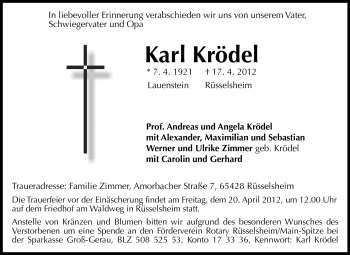 Traueranzeige von Karl Krödel von Rüsselsheimer Echo, Groß-Gerauer-Echo, Ried Echo
