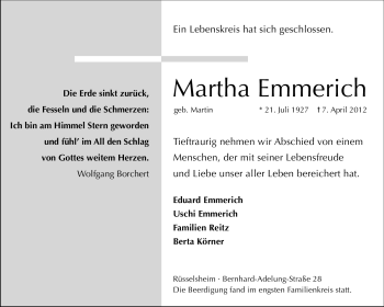 Traueranzeige von Martha Emmerich von Rüsselsheimer Echo, Groß-Gerauer-Echo, Ried Echo