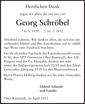 Traueranzeige von Georg Schröbel von Darmstädter Echo, Odenwälder Echo, Rüsselsheimer Echo, Groß-Gerauer-Echo, Ried Echo