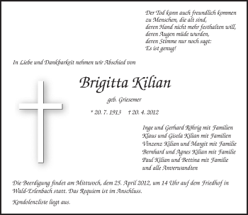 Traueranzeige von Brigitta Kilian von Starkenburger Echo, Bergsträßer Anzeiger