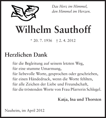 Traueranzeige von Wilhelm Sauthoff von Rüsselsheimer Echo, Groß-Gerauer-Echo, Ried Echo