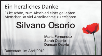 Traueranzeige von Silvano Osorio von Darmstädter Echo, Odenwälder Echo, Rüsselsheimer Echo, Groß-Gerauer-Echo, Ried Echo