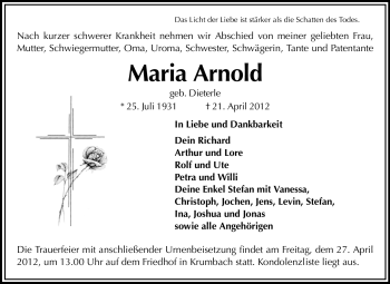 Traueranzeige von Maria Arnold von Starkenburger Echo