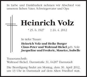 Traueranzeige von Heinrich Volz von Darmstädter Echo, Odenwälder Echo, Rüsselsheimer Echo, Groß-Gerauer-Echo, Ried Echo