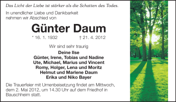 Traueranzeige von Günter Daum von Rüsselsheimer Echo, Groß-Gerauer-Echo, Ried Echo