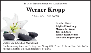 Traueranzeige von Werner Kropp von Odenwälder Echo