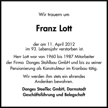 Traueranzeige von Franz Lott von Echo-Zeitungen (Gesamtausgabe)