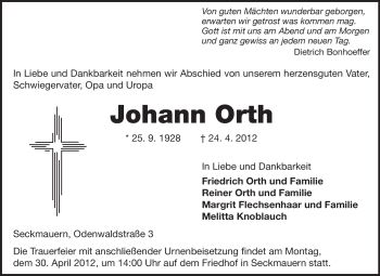 Traueranzeige von Johann Orth von Odenwälder Echo