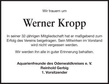 Traueranzeige von Werner Kropp von Odenwälder Echo