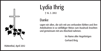 Traueranzeige von Lydia Ihrig von Odenwälder Echo
